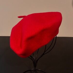 Loft 100% Wool Red Top Knot Beret Womens Hat One Size NWOT Retro Fall Winter 70s